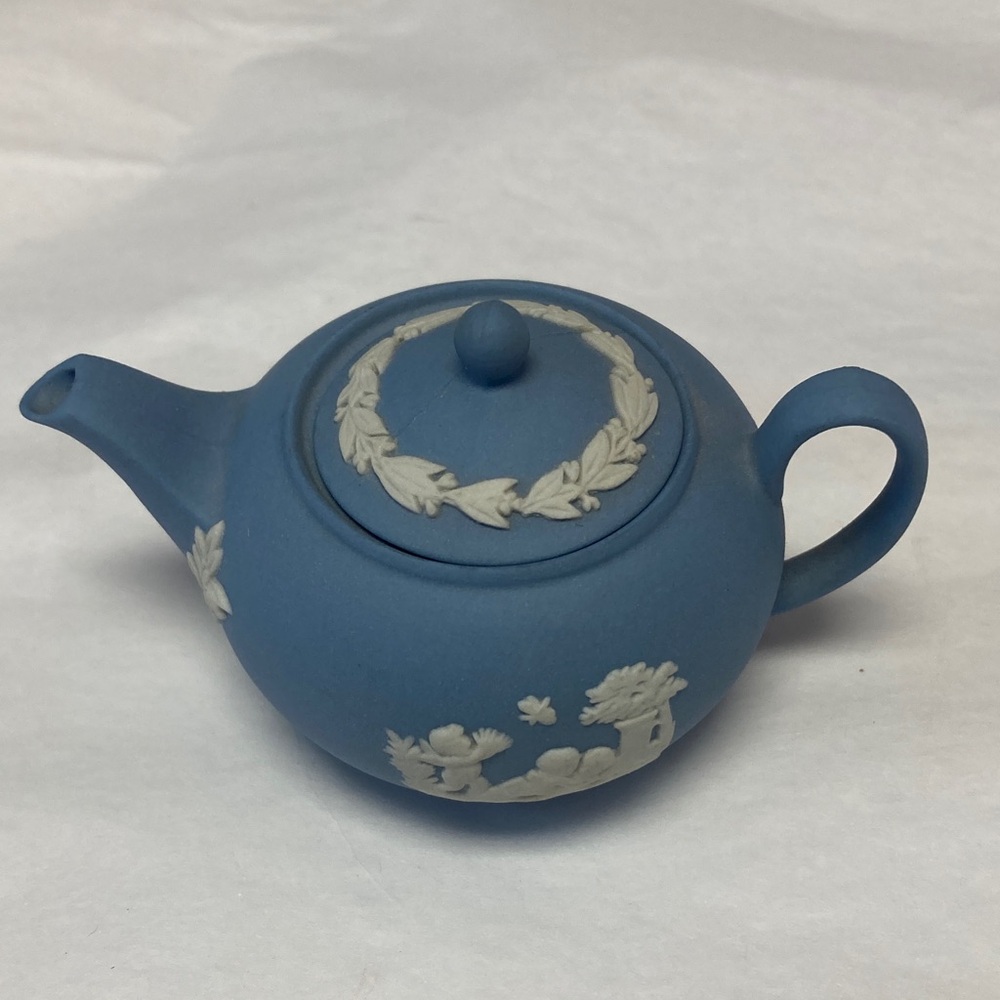 Wedgwood Mini Jasperware Blue Teapot with White Accents